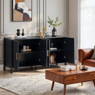 Sunvega Modern 4-Vertical Wavy Slatted Doors Sideboard with Solid Wood Legs and Metal Handles for Dining Room