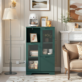 Sunvega Green MDF Cabinet with Glass Doors and Drawer for Bedroom Living Room