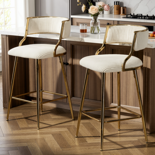 Sunvega Set of 2 Grey Corduroy Bar Stools with Back Golden Chromed Base and Footrest