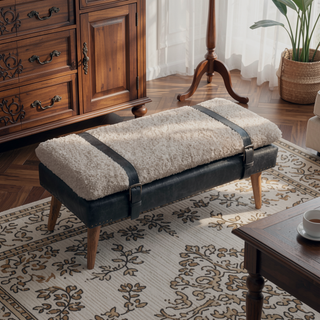 Sunvega Boucle and Black Leather Upholstered Bench with Nordic Wood Legs