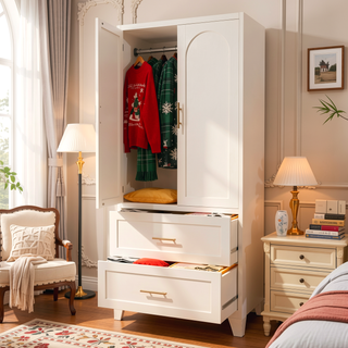 Sunvega White 71 Inch Tall Steel Wardrobe Cabinet with 2 Drawers and Adjustable Shelf