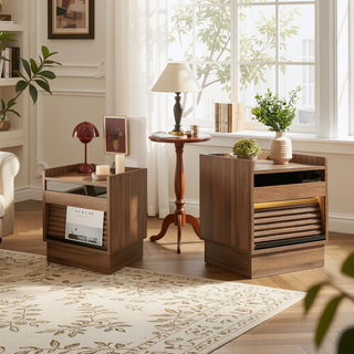 Sunvega Modern Brown Nightstand with Charging Station, Smart LED Lights, and Two Drawers