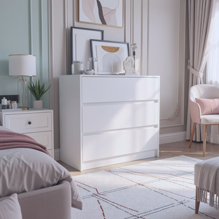 Sunvega 3 Drawer White Chest with Metal Rails for Bedroom Storage