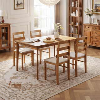 Sunvega Solid Wood Dining Table and Chair Set with Upholstered Cushions for Practical Household Use