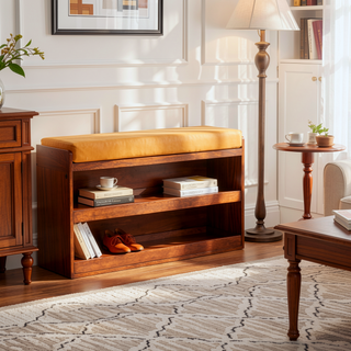 Sunvega Solid Mango Wood Buffalo Tan Leather Shoe Storage Cabinet with Two Pull-Out Drawers