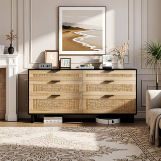 Sunvega 6 Drawer Rattan Dresser with Metal Handle and Wood Legs for Bedroom Storage