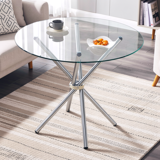 Sunvega Modern Simple Round Clear Glass Dining Table with Gold Metal Legs for 4-6 People