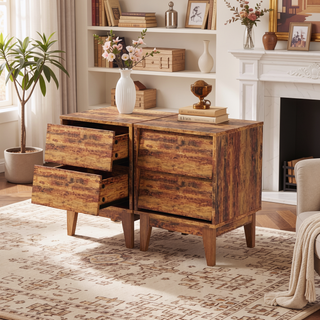 Sunvega Vintage-Style Bevel Design MDF Nightstand with Hidden Drawer Pulls