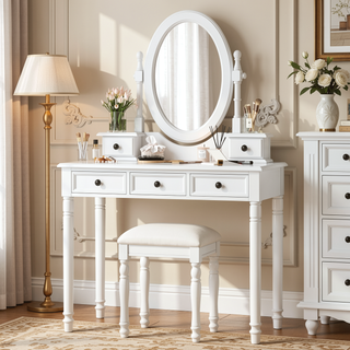 Sunvega Vintage Vanity Desk with Adjustable Mirror, 5 Velvet Drawers, and Cushioned Stool