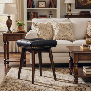 Sunvega Modern Walnut Footstool with Black Buffalo Leather Upholstery and Deep Button Design
