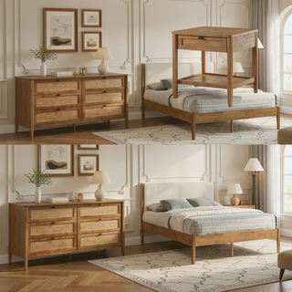 Sunvega Rubberwood Queen Bedroom Set with Corduroy Upholstered Bed Dresser Mirror Nightstand