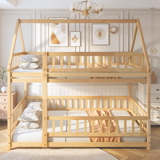 Sunvega Natural Wood House Roof Frame Floor Bed with Safety Guardrails