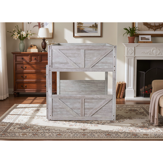 Sunvega Twin Over Twin Bunk Bed with Vintage Panelled Headboard and Safety Guardrails