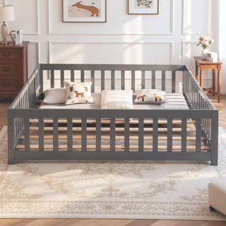 Sunvega Full Size Pine Wood Floor Bed with Safety Guardrails and Door