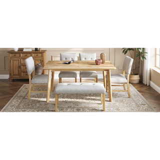 Sunvega Retro Rectangular Dining Table for 6 with Rubberwood Legs and Anti-Scratch Feet