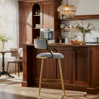 Sunvega Set of 2 Grey Corduroy Bar Stools with Back Golden Chromed Base and Footrest