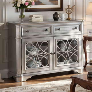Sunvega Contemporary Silver Finish Server Cabinet with 2 Drawers and Glass Doors