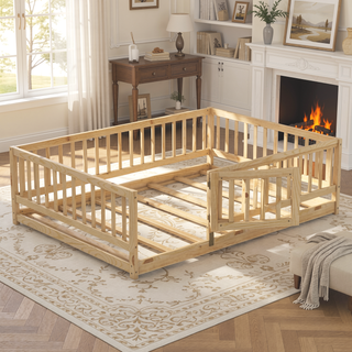 Sunvega Full Size Montessori Floor Bed with Fence Door and Slats for Kids