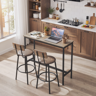 Sunvega Rustic Brown Bar Table Set with 2 PU Soft Seat Backrest Stools for Small Spaces
