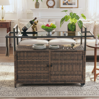Sunvega Outdoor Wicker Bar Cart with Glass Top and Wheels for Patio Backyard Party