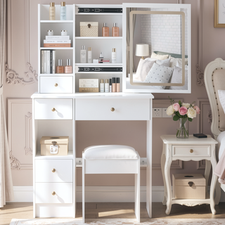 Sunvega Small Size Left Drawer Vanity Table with Adjustable LED Mirror and Stool