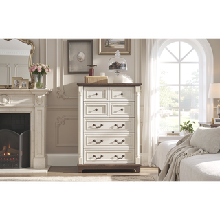 Sunvega 7-Drawer Solid Wood Dresser with Antique Two-Tone Wood Grain and Distressed Finish