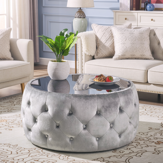Sunvega Modern Glam Velvet Ottoman with Tempered Glass Top and Button Tufting