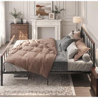 Sunvega Metal Platform Bed Frame with Wood Headboard and Sturdy Support No Box Spring