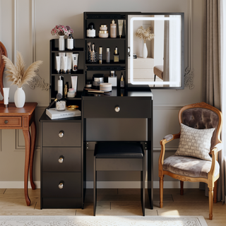 Sunvega 41 Inch Large Size Left Bedside Cabinet Vanity Table with Cushioned Stool