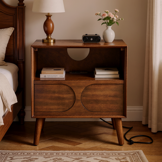 Sunvega Mid Century Modern Fluted Nightstand with USB Ports and Outlet Hole