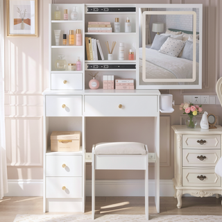 Sunvega Small Size Left Drawer Vanity Table with Cushioned Stool and LED Mirror