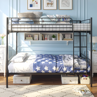 Sunvega Sturdy Twin over Twin Metal Bunk Bed Frame with Ladder and Vintage Headboard