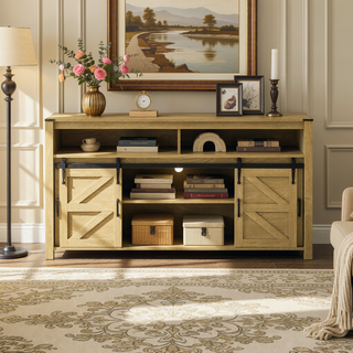 Sunvega Farmhouse Sideboard with Sliding Barn Door Mesh Panels and Open Storage