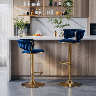 Sunvega Set of 2 Blue Velvet Swivel Bar Stools with Chrome Footrest and Adjustable Height
