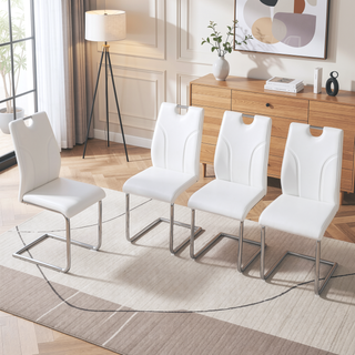 Sunvega White PU Dining Chair Set with Silver Metal Legs and High Resilience Sponge Filling