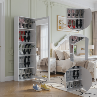 Sunvega Wall Mounted Shoe Rack with Mirror Door and Five Shelves for Ten Pairs
