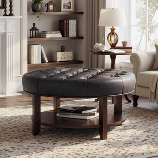 Sunvega Round Ottoman with Faux Leather Upholstery and Open Shelf for Living Room