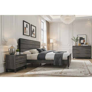 Sunvega Antique Grey Finish Wood King Bed Dresser Mirror Nightstand Set