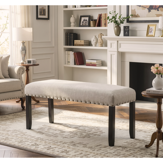 Sunvega Tan Linen and Cotton Fabric Dining Bench with Nailhead Trim