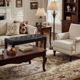 Sunvega Tufted Faux Leather Upholstered Bench with Tapered Hardwood Legs