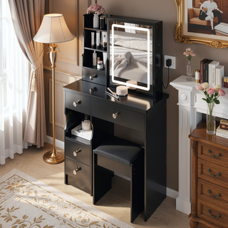 Sunvega Small Size Left Drawer Vanity Table with Cushioned Stool and LED Mirror for Small Spaces