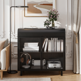 Sunvega Modern Sideboard Buffet Cabinet with Tempered Glass Doors and Flip Top