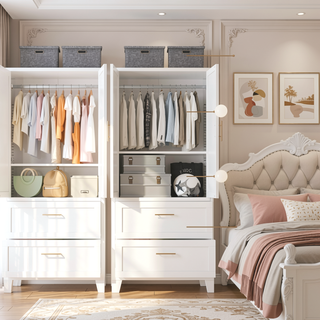 Sunvega White 71 Inch Tall Steel Wardrobe Cabinet with 2 Drawers and Adjustable Shelf