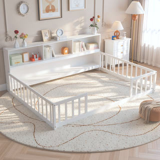 Sunvega Twin Floor Bed with Bedside Bookcase Guardrails and Shelves in Grey