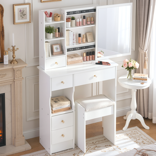 Sunvega Small Space Vanity Table with Cushioned Stool and Extra Large Sliding Mirror