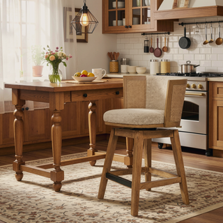 Sunvega Handcrafted Taupe Beige Cane Rattan Swivel Counter Stool with Recessed Arms