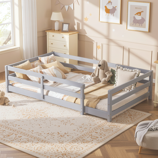 Sunvega Full Size Floor Bed with Fence for Kids Made of Sturdy Pine Wood
