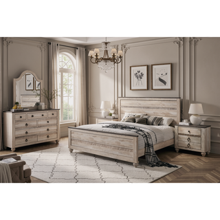 Sunvega White Wash Finish King Bedroom Set with Dresser Mirror Nightstand Chest