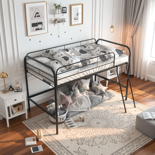 Sunvega Sturdy Metal Twin Loft Bed with Guardrails and Storage Steps