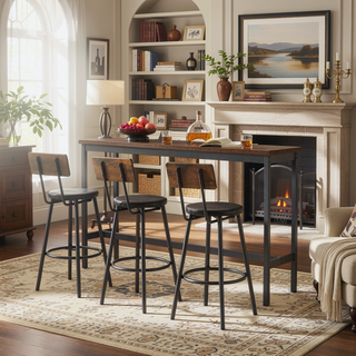 Sunvega 63 Inch Long Industrial Bar Table Set with 3 PU Upholstered Stools